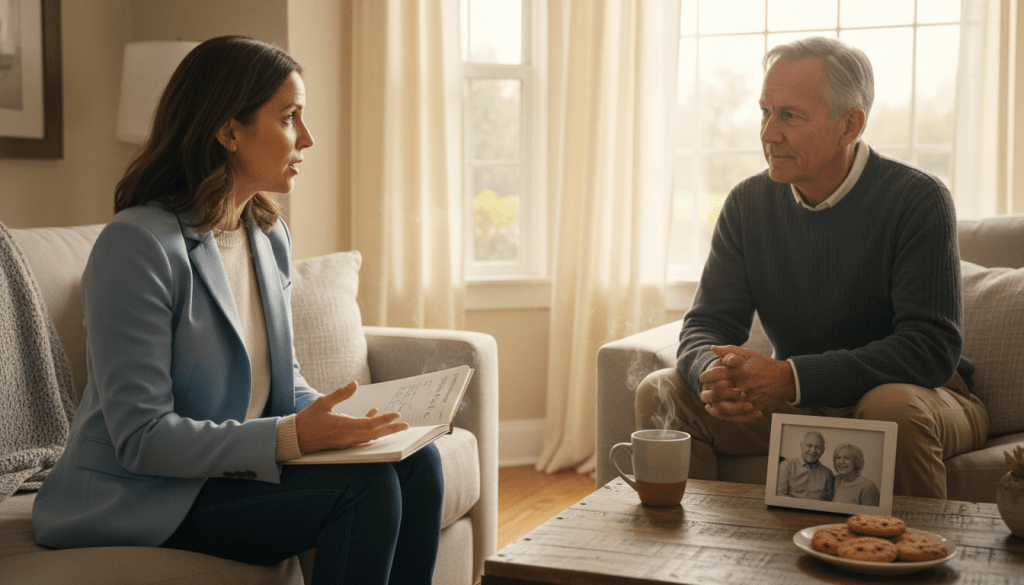 A cozy living room setting depicting two siblings engaged in a heartfelt conversation about caregiving. In the foreground, one sibling, a middle-aged woman in professional casual attire, is gesturing with an open notepad, emphasizing trust and collaboration. The other sibling, an older man dressed in a smart, relaxed outfit, listens attentively, leaning forward, showing engagement and care. In the middle area, a warm coffee table holds a family photo and steaming mugs, symbolizing shared history and support. The background features a sunlit window with soft drapes, casting gentle light that creates an inviting atmosphere. The mood is calm, focused, and supportive, capturing the essence of trust-based caregiving relationships, emphasizing connection and open communication. A cozy living room setting depicting two siblings engaged in a heartfelt conversation about caregiving. In the foreground, one sibling, a middle-aged woman in professional casual attire, is gesturing with an open notepad, emphasizing trust and collaboration. The other sibling, an older man dressed in a smart, relaxed outfit, listens attentively, leaning forward, showing engagement and care. In the middle area, a warm coffee table holds a family photo and steaming mugs, symbolizing shared history and support. The background features a sunlit window with soft drapes, casting gentle light that creates an inviting atmosphere. The mood is calm, focused, and supportive, capturing the essence of trust-based caregiving relationships, emphasizing connection and open communication.