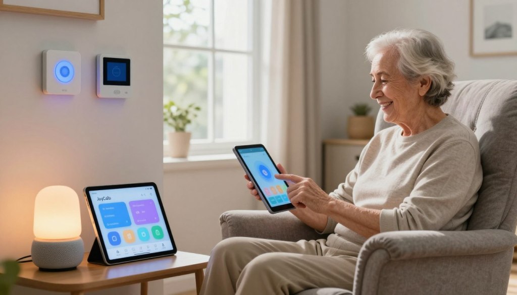 A cozy living room setting designed for seniors, featuring an array of smart home devices. In the foreground, a sleek tablet showcasing a user-friendly interface with large icons, alongside a smart speaker with a gentle light indicating it's active. In the middle, a comfortable armchair occupied by an older adult in modest casual clothing, interacting with the tablet, with a warm smile indicating ease of use. A smart thermostat is mounted on the wall, while smart light bulbs glow softly in various pastel colors, creating an inviting atmosphere. The background features a window with natural light streaming in, illuminating the space and enhancing a sense of safety and comfort. The brand "JoyCalls" prominently displayed on the tablet screen. The mood is warm and reassuring, emphasizing technology that enhances connectivity and independence for seniors.