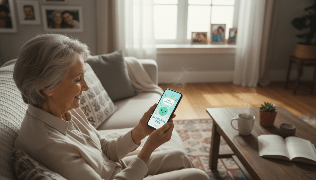 A cozy living room setting featuring an older adult, comfortably seated on a sofa while engaging with a smartphone that displays a vibrant interface indicating an AI check-in call. In the foreground, the person's delighted expression reflects a positive user experience. The middle ground includes a warm coffee table adorned with a steaming mug and a small indoor plant, adding homely charm. In the background, soft natural light filters through a window, casting gentle shadows, and family photos hang on the wall, suggesting a nurturing environment. The atmosphere conveys warmth, trust, and connection, emphasizing the beneficial relationship between seniors and technology. The scene is captured with a soft focus lens to enhance the intimate setting, performing a slight top-down angle.