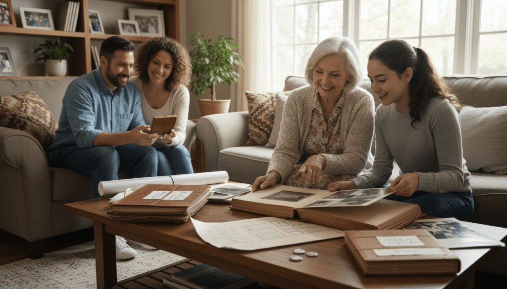 A cozy living room setting, where a diverse family gathers around a wooden coffee table filled with old photo albums, scrapbooks, and genealogy charts. In the foreground, a grandmother in modest casual clothing smiles warmly as she shares stories with her teenage granddaughter, who is eagerly flipping through a photo album. The middle ground features a middle-aged couple enjoying a light-hearted conversation while examining family heirlooms. In the background, a softly lit shelf displays framed family photos, plants, and books, adding warmth to the scene. Natural light streams through a nearby window, creating a welcoming and nostalgic atmosphere, evoking connection and intimacy among family members.