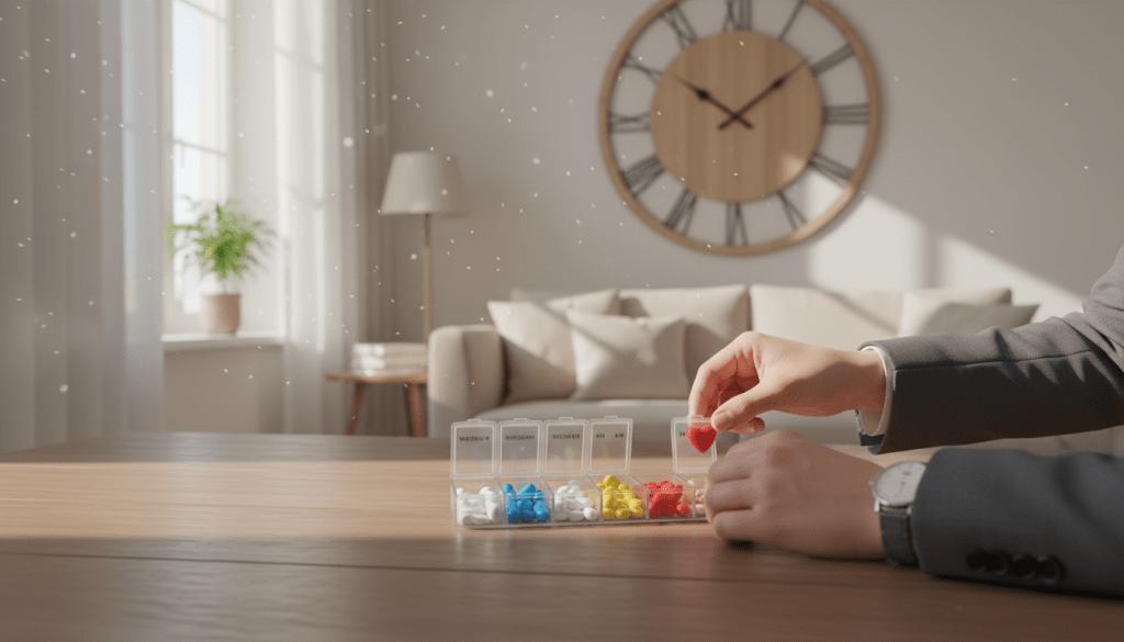 A cozy, well-lit home environment featuring a neatly organized pill organizer on a wooden table, showcasing various colorful medications. In the foreground, a close-up of a person’s hands, dressed in professional attire, as they sort through the pills with careful attention. In the middle ground, a clock is prominently displayed, symbolizing the importance of time management in medication adherence. The background features a soft-focus view of a living room, with natural light streaming through a window, creating a warm and inviting atmosphere. The overall mood is calm and reassuring, emphasizing the importance of routine and consistency in taking medication. The scene should feel informative and supportive, with an emphasis on clarity and accessibility.