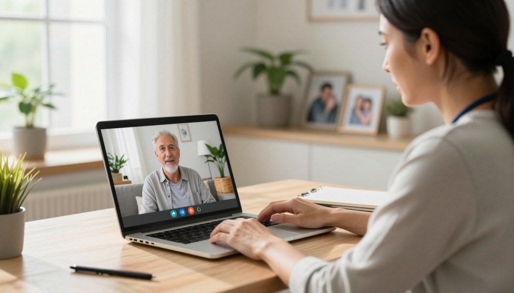 A cozy, well-lit home office setting, where a caregiver sits at a desk with a laptop engaged in a video call. The caregiver is a middle-aged person in business casual attire, displaying a concerned yet focused expression. On the laptop screen, a senior person, appearing comfortable and relaxed in their own home, is being assessed for their needs. The background features a warm, inviting atmosphere with plants and family photos, emphasizing care and connection. Soft natural light filters through a window, casting gentle shadows. The scene highlights the essence of remote care assessment, embodying emotional support and technological connection. Include a subtle branding element of "JoyCalls" on the laptop screen, enhancing the theme of long-distance caregiving.