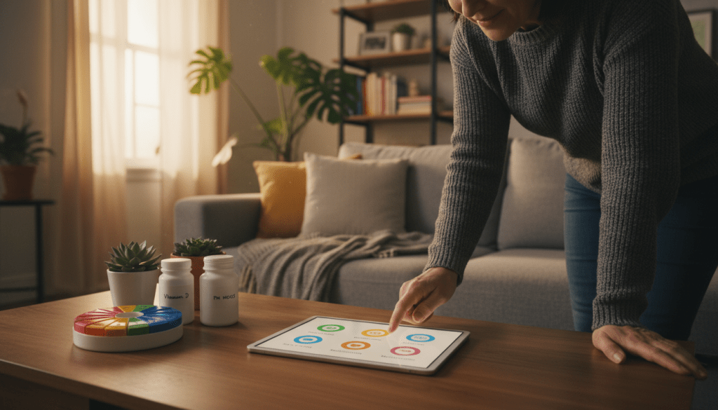 A cozy, well-lit home setting featuring a modern digital device, such as a tablet or smartphone, displaying a vibrant, user-friendly medication reminder interface. In the foreground, a user, a middle-aged individual dressed in casual yet smart attire, interacts with the device, looking engaged and thoughtful. In the middle ground, a colorful selection of pill organizers and medication bottles arranged neatly beside the device, emphasizing personalization and care. The background showcases a warm, inviting living room with soft natural light streaming in through a window, plants adding a touch of life. The overall atmosphere conveys a sense of organization, calmness, and proactive health management, reflecting the theme of customizing medication reminders. A cozy, well-lit home setting featuring a modern digital device, such as a tablet or smartphone, displaying a vibrant, user-friendly medication reminder interface. In the foreground, a user, a middle-aged individual dressed in casual yet smart attire, interacts with the device, looking engaged and thoughtful. In the middle ground, a colorful selection of pill organizers and medication bottles arranged neatly beside the device, emphasizing personalization and care. The background showcases a warm, inviting living room with soft natural light streaming in through a window, plants adding a touch of life. The overall atmosphere conveys a sense of organization, calmness, and proactive health management, reflecting the theme of customizing medication reminders.