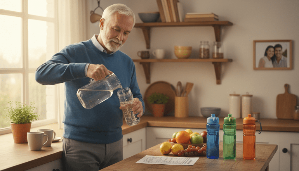 A cozy, well-lit kitchen scene focusing on an older adult engaged in a daily hydration check routine. In the foreground, a senior man in casual, modest attire is pouring water from a glass pitcher into a clear water bottle, showing his commitment to staying hydrated. In the middle background, a small table displays fruits, a hydration chart, and several colorful water bottles, emphasizing a variety of hydration options. Soft, natural light streams in from a nearby window, creating a warm and inviting atmosphere. The image conveys a sense of health and well-being, encouraging older adults to prioritize hydration in their daily routines. The overall mood is uplifting and proactive, illustrating a supportive environment for healthy hydration habits.