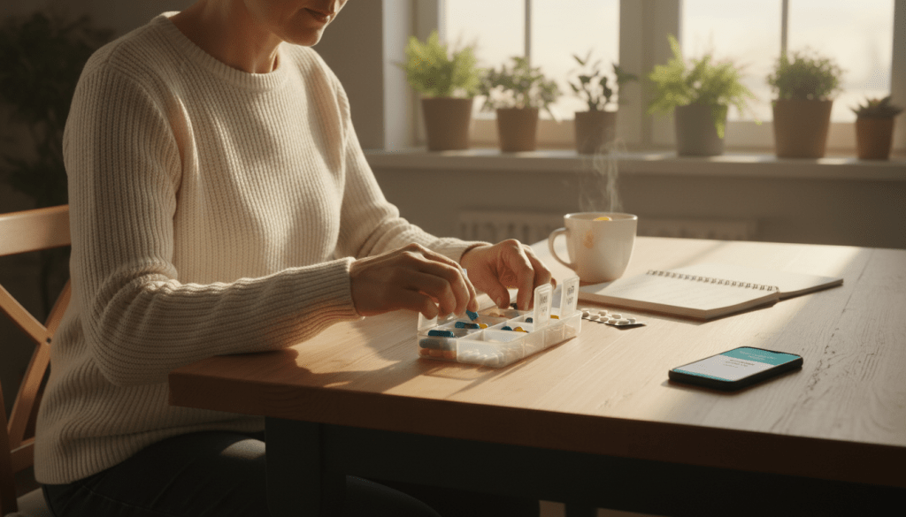 A cozy, well-lit kitchen scene showcasing a middle-aged adult, dressed in casual, modest clothing, organizing medication in a weekly pill organizer. In the foreground, the bright, colorful pills are arranged neatly in sections, symbolizing a structured approach to medication management. The middle ground features a warm wooden table with cup of herbal tea, a notepad with handwritten medication schedules, and a smartphone displaying a reminder app. In the background, soft sunlight streams through a window, illuminating houseplants and conveying a calm, nurturing atmosphere. The overall mood is supportive and practical, emphasizing effective communication and care in managing medication intake. A cozy, well-lit kitchen scene showcasing a middle-aged adult, dressed in casual, modest clothing, organizing medication in a weekly pill organizer. In the foreground, the bright, colorful pills are arranged neatly in sections, symbolizing a structured approach to medication management. The middle ground features a warm wooden table with cup of herbal tea, a notepad with handwritten medication schedules, and a smartphone displaying a reminder app. In the background, soft sunlight streams through a window, illuminating houseplants and conveying a calm, nurturing atmosphere. The overall mood is supportive and practical, emphasizing effective communication and care in managing medication intake.