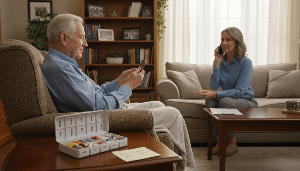 A cozy, well-lit senior living room setting featuring an elderly man sitting comfortably in an armchair, looking at a phone with a calm expression. In the foreground, a small table holds a weekly pill organizer filled with various medications, emphasizing medication management. In the middle ground, a caregiver, a middle-aged woman in professional attire, sits nearby, engaging in a friendly phone call, clearly explaining the medication schedule. The background shows a bookshelf filled with books, family photos, and a window with soft natural light streaming in, creating a warm and inviting atmosphere. The overall mood should be one of care, safety, and support, highlighting the importance of medication reminders for seniors. A cozy, well-lit senior living room setting featuring an elderly man sitting comfortably in an armchair, looking at a phone with a calm expression. In the foreground, a small table holds a weekly pill organizer filled with various medications, emphasizing medication management. In the middle ground, a caregiver, a middle-aged woman in professional attire, sits nearby, engaging in a friendly phone call, clearly explaining the medication schedule. The background shows a bookshelf filled with books, family photos, and a window with soft natural light streaming in, creating a warm and inviting atmosphere. The overall mood should be one of care, safety, and support, highlighting the importance of medication reminders for seniors.