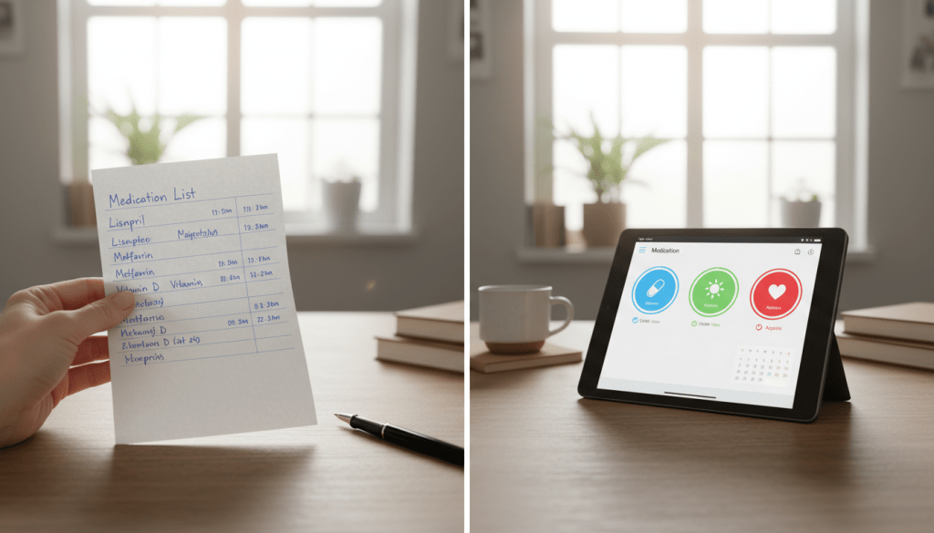 A detailed comparison scene showing a side-by-side representation of paper and digital medication records. In the foreground, a hand holding a neatly organized paper medication list, with clear, legible handwritten notes and a pen beside it. The middle ground features a tablet showing a well-designed medication tracking app with colorful icons for each medication, emphasizing accessibility. In the background, a softly lit desk setting with a window allowing natural light to stream in, creating a warm, inviting atmosphere. The overall mood is focused and professional, suggesting efficiency and organization, with subtle shadows adding depth, shot from a slightly elevated angle to provide a comprehensive view of both record types.