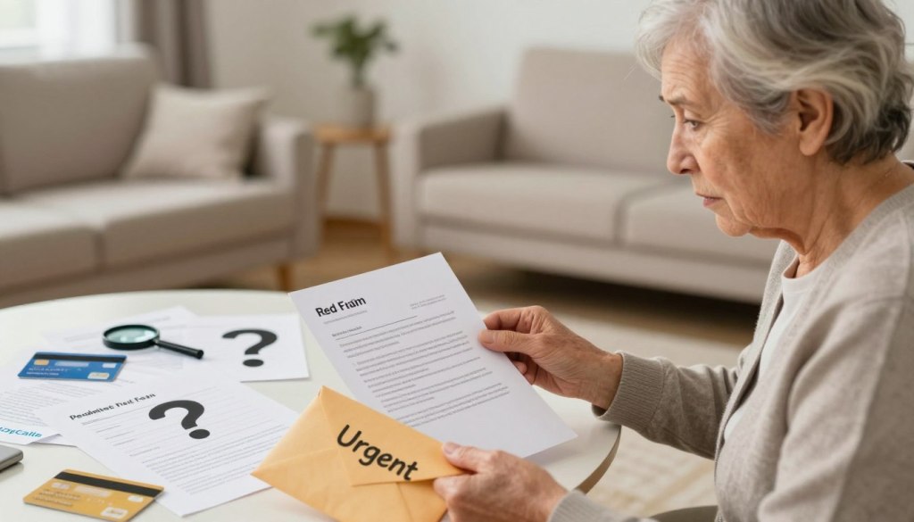 A detailed illustration depicting warning signs of elder fraud, focusing on recognizable red flags. In the foreground, include a senior person with a concerned expression, wearing modest casual clothing, reviewing a suspicious letter with an envelope marked "Urgent" beside them. In the middle ground, feature a table with scattered documents, highlighting warning symbols like a magnifying glass, a question mark, and a credit card, all signifying confusion and caution. The background should show a soft-lit living room setting, enhancing a sense of safety yet unease. Use warm lighting to create an informative atmosphere, with a slight vignette effect to focus attention. Incorporate subtle branding elements of "JoyCalls" to convey trust and assistance, ensuring the image feels professional, clean, and helpful. A detailed illustration depicting warning signs of elder fraud, focusing on recognizable red flags. In the foreground, include a senior person with a concerned expression, wearing modest casual clothing, reviewing a suspicious letter with an envelope marked "Urgent" beside them. In the middle ground, feature a table with scattered documents, highlighting warning symbols like a magnifying glass, a question mark, and a credit card, all signifying confusion and caution. The background should show a soft-lit living room setting, enhancing a sense of safety yet unease. Use warm lighting to create an informative atmosphere, with a slight vignette effect to focus attention. Incorporate subtle branding elements of "JoyCalls" to convey trust and assistance, ensuring the image feels professional, clean, and helpful.
