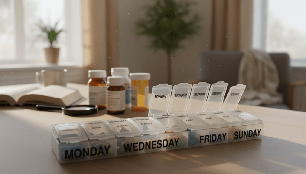 A detailed image of a key features pill organizer designed for seniors, prominently displayed in the foreground. The organizer should have multiple clearly labeled compartments, showcasing days of the week and morning, afternoon, and evening slots. The middle ground features a soft-focus arrangement of medication bottles, emphasizing the importance of organization. In the background, a warm, inviting setting of a well-lit kitchen or living room adds to the comforting atmosphere. Use natural light for a soft glow, with a slight lens distortion to accentuate the pill organizer's dimensions. The overall mood should convey safety and functionality, ideal for seniors managing their medications effectively. A detailed image of a key features pill organizer designed for seniors, prominently displayed in the foreground. The organizer should have multiple clearly labeled compartments, showcasing days of the week and morning, afternoon, and evening slots. The middle ground features a soft-focus arrangement of medication bottles, emphasizing the importance of organization. In the background, a warm, inviting setting of a well-lit kitchen or living room adds to the comforting atmosphere. Use natural light for a soft glow, with a slight lens distortion to accentuate the pill organizer's dimensions. The overall mood should convey safety and functionality, ideal for seniors managing their medications effectively.