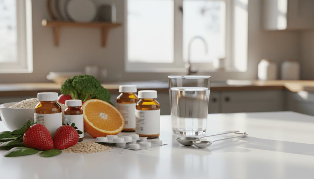 A detailed still life composition illustrating food and drug interactions. In the foreground, a clean, white table is adorned with an array of colorful foods, such as fruits, vegetables, and grains, alongside various pill bottles and blister packs, all artfully arranged. In the middle ground, a set of measuring spoons and a glass of water complement the scene, symbolizing careful dosage and hydration. The background features a softly blurred kitchen setting with warm, natural lighting that creates a cozy atmosphere, suggesting mealtime. Use a shallow depth of field to draw focus on the food and medicine, capturing a balance between health and nutrition. The mood is informative and inviting, reflecting the importance of timing and mindful consumption.