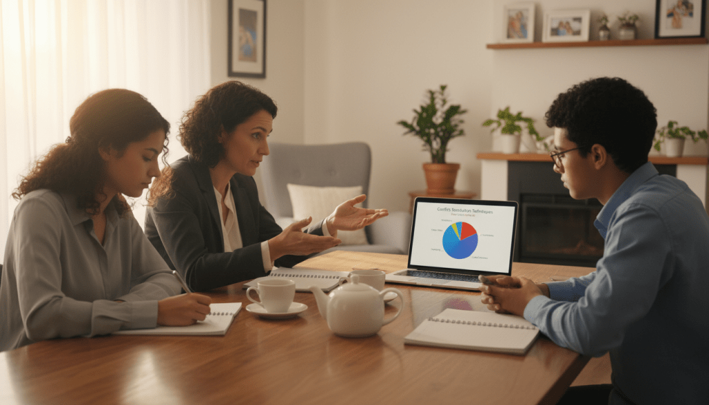 A diverse family of four, two adults and two teenagers, sit around a well-organized dining table filled with a notebook, cups of tea, and a laptop. The adults, wearing professional business attire, appear engaged and focused as they discuss strategies for collective decision-making. One teenager takes notes, while the other looks thoughtfully at a chart on the laptop screen, symbolizing conflict resolution techniques. Soft natural light filters through a nearby window, casting a warm glow, creating an inviting atmosphere of collaboration and understanding. In the background, a cozy home environment is visible, featuring family photos and plants that add a personal touch. The setting conveys a sense of support and unity, highlighting the importance of effective communication in family interactions. A diverse family of four, two adults and two teenagers, sit around a well-organized dining table filled with a notebook, cups of tea, and a laptop. The adults, wearing professional business attire, appear engaged and focused as they discuss strategies for collective decision-making. One teenager takes notes, while the other looks thoughtfully at a chart on the laptop screen, symbolizing conflict resolution techniques. Soft natural light filters through a nearby window, casting a warm glow, creating an inviting atmosphere of collaboration and understanding. In the background, a cozy home environment is visible, featuring family photos and plants that add a personal touch. The setting conveys a sense of support and unity, highlighting the importance of effective communication in family interactions.