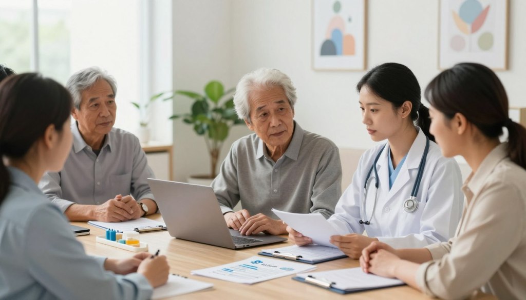 A diverse group of healthcare professionals engaged in a collaborative meeting, discussing a care plan for aging parents. In the foreground, a nurse and a social worker use a laptop and notes, both dressed in professional business attire, displaying expressions of focus and empathy. The middle ground features a table with care plan documents and medical tools, emphasizing teamwork and organization. In the background, a calm, warm office environment with soft lighting, large windows letting in natural light, plants, and inspirational images on the walls, creating an atmosphere of support and professionalism. Include the brand name "JoyCalls" subtly within the scene, ensuring a clean and minimal design.