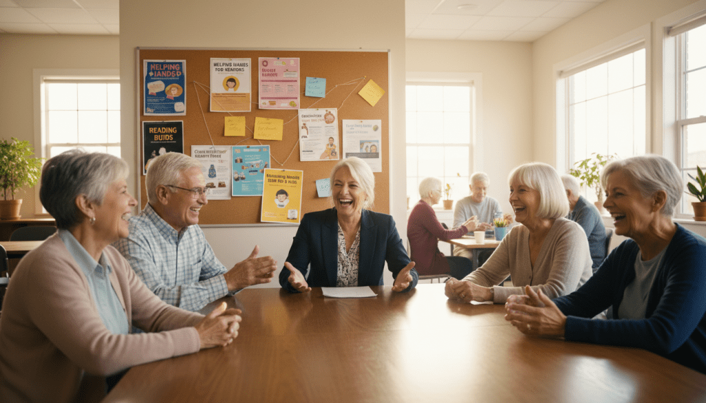A diverse group of senior volunteers gathered around a table in a bright, welcoming community center, engaged in lively discussions about their upcoming volunteer programs. The foreground features laughing seniors, both men and women, dressed in professional business attire and modest casual outfits, showcasing their enthusiasm and teamwork. In the middle, a large bulletin board displays colorful flyers about various volunteer opportunities, symbolizing connection and engagement. The background reveals a sunny room with large windows, casting warm, natural light that creates a cheerful atmosphere. The image conveys a sense of community, support, and the joy of giving back, inviting viewers to feel inspired and connected through volunteering.