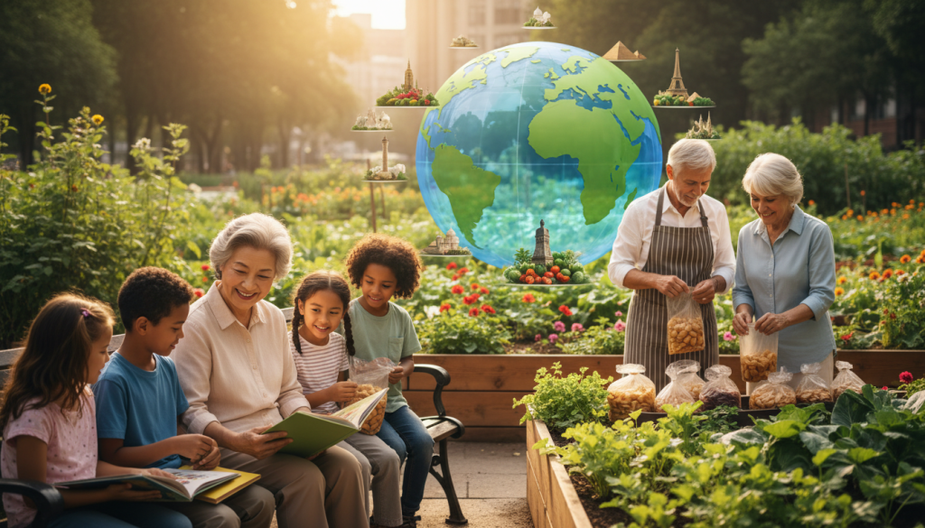 A diverse group of seniors engaged in various volunteer activities, illustrating both local and international opportunities. In the foreground, a smiling elderly woman in modest casual clothing teaches children in a park, showcasing community connection. In the middle ground, a senior couple packaging food for a charity organization, framed by vibrant community gardens. The background features a globe symbolizing global volunteerism, with images of different countries subtly integrated, hinting at international projects. Soft, warm lighting creates an inviting atmosphere, while a slightly elevated angle captures the interaction among the volunteers. The scene conveys a sense of purpose, community spirit, and the joy of giving back, inviting viewers to explore the benefits of volunteering in their golden years.