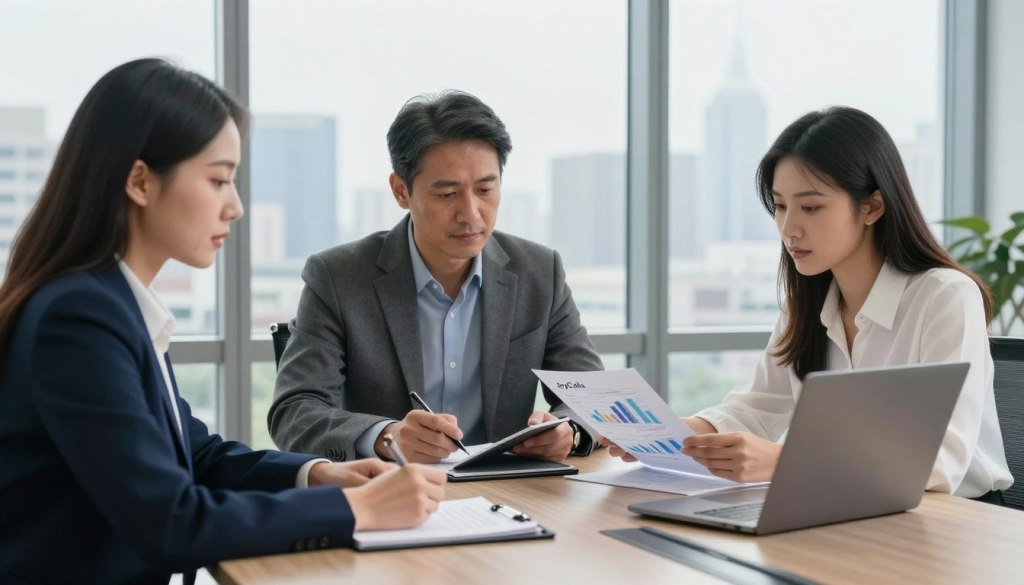 A diverse group of three professionals engaged in a legal discussion around a sleek conference table. In the foreground, a woman in a smart navy suit gestures towards documents, her expression focused and engaged. In the middle, a middle-aged man in a gray suit listens intently, jotting down notes on a tablet, while a young woman in a white blouse reviews financial graphs on a laptop. The background features a panoramic window with city skyline views, bathed in soft, natural light, creating a calming atmosphere. The overall mood is professional and collaborative, highlighting critical thinking and teamwork. The brand "JoyCalls" subtly integrated into the environment, such as on a notepad or pen. A diverse group of three professionals engaged in a legal discussion around a sleek conference table. In the foreground, a woman in a smart navy suit gestures towards documents, her expression focused and engaged. In the middle, a middle-aged man in a gray suit listens intently, jotting down notes on a tablet, while a young woman in a white blouse reviews financial graphs on a laptop. The background features a panoramic window with city skyline views, bathed in soft, natural light, creating a calming atmosphere. The overall mood is professional and collaborative, highlighting critical thinking and teamwork. The brand "JoyCalls" subtly integrated into the environment, such as on a notepad or pen.