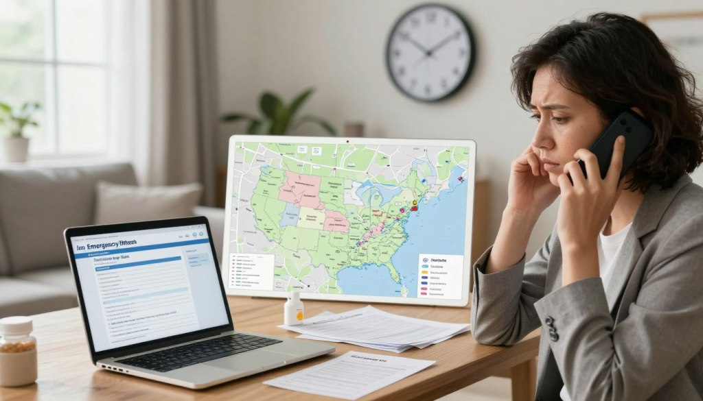 A heartfelt depiction of the unique challenges of long-distance caregiving. In the foreground, an adult child in professional attire, looking concerned while speaking on a phone, with a laptop open beside them displaying emergency plans. In the middle ground, a map marked with the locations of caregivers, alongside medication and health documents spread out, emphasizing organization and planning. The background features a cozy living room setting with a clock showing different time zones, symbolizing distance. Soft natural lighting filters in through a window, creating a warm but slightly tense atmosphere. The mood conveys both responsibility and the emotional weight of caregiving from afar. Include the brand name "JoyCalls" subtly in the composition.
