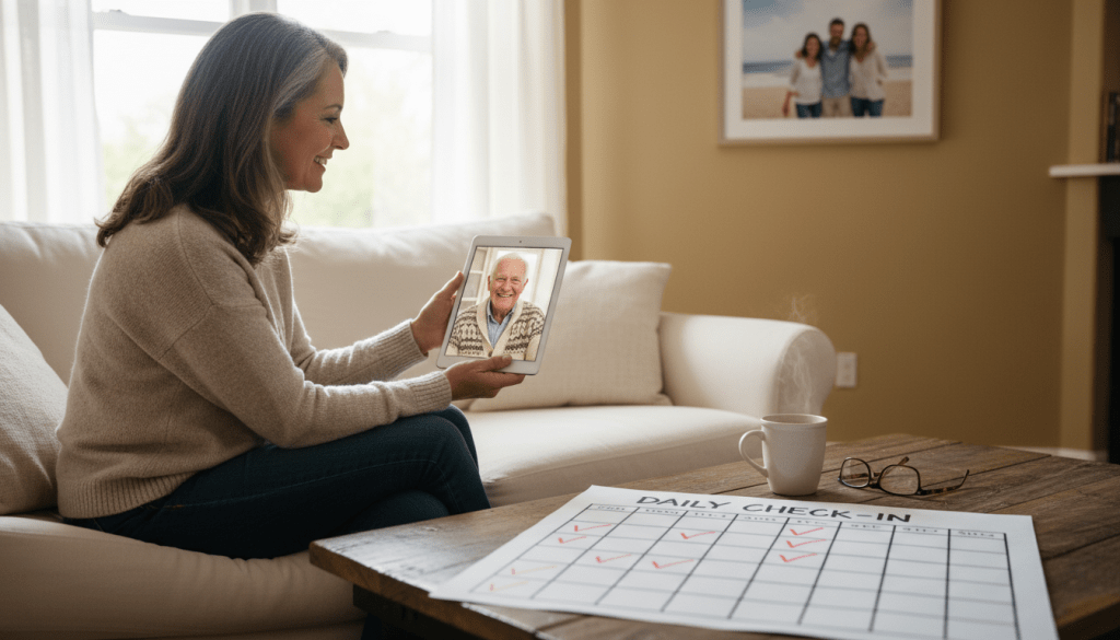 A heartwarming scene illustrating the importance of a daily check-in routine for elderly parents. In the foreground, depict a middle-aged person in casual, modest clothing, sitting on a comfortable sofa while video calling an elderly parent, who appears warm and engaging, dressed in a cozy cardigan. The middle ground features a hand-drawn calendar on a nearby coffee table, with checked boxes indicating daily check-ins. Soft, natural light filters through a window, casting a calm and inviting atmosphere. In the background, a family photo hangs on the wall, symbolizing connection and care. The overall mood is one of love, support, and the significance of regular communication in maintaining relationships with elderly loved ones. A heartwarming scene illustrating the importance of a daily check-in routine for elderly parents. In the foreground, depict a middle-aged person in casual, modest clothing, sitting on a comfortable sofa while video calling an elderly parent, who appears warm and engaging, dressed in a cozy cardigan. The middle ground features a hand-drawn calendar on a nearby coffee table, with checked boxes indicating daily check-ins. Soft, natural light filters through a window, casting a calm and inviting atmosphere. In the background, a family photo hangs on the wall, symbolizing connection and care. The overall mood is one of love, support, and the significance of regular communication in maintaining relationships with elderly loved ones.