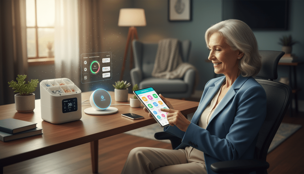 A modern digital workspace illustrating digital health solutions for medication management. In the foreground, a senior woman in professional attire interacts with a tablet displaying a user-friendly medication tracking app. The middle layer shows a neatly organized desk with smart devices, including a digital pill dispenser and reminders. The background features soft-focus elements of a cozy living room, emphasizing a warm, welcoming atmosphere. Soft, natural lighting filters through a window, enhancing the sense of comfort and technology integration. The overall mood is optimistic and supportive, reflecting the empowerment that digital health solutions bring to seniors in managing their medication adherence effectively.