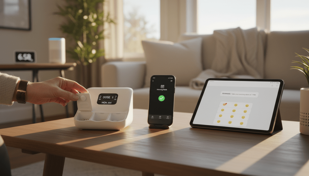 A modern, inviting scene depicting technology for medication management, featuring a well-organized table with a smartphone displaying a medication tracking app and a smart pill dispenser. In the foreground, a hand reaches for a pill, illustrating ease of access. In the middle, a tablet shows reminders and notifications, its screen glowing softly to suggest active engagement. Background elements include a cozy living room setting with warm, natural light streaming in through a window, creating a calm atmosphere. Subtle tech devices like a digital clock and a voice assistant can be seen, indicating a blend of modern convenience. The mood is supportive and reassuring, helping to convey the theme of empowering elderly parents through technology.