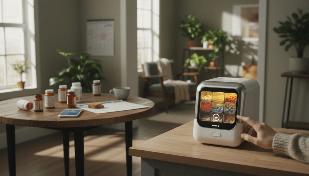 A modern medicine management scene in a cozy home environment. In the foreground, a sleek automatic pill dispenser is prominently displayed, with colorful pills organized in clear compartments. A hand reaches toward the dispenser, showcasing the ease of use. In the middle ground, a tidy kitchen table is cluttered with pill bottles, a smartphone with a medication reminder app open, and a calendar marked with medication schedules, illustrating the daily struggle of medication adherence. In the background, a softly lit living space with houseplants and a comfortable chair creates a warm atmosphere. Natural light filters in through a window, casting gentle shadows, evoking a sense of hope and innovation in managing medication challenges.