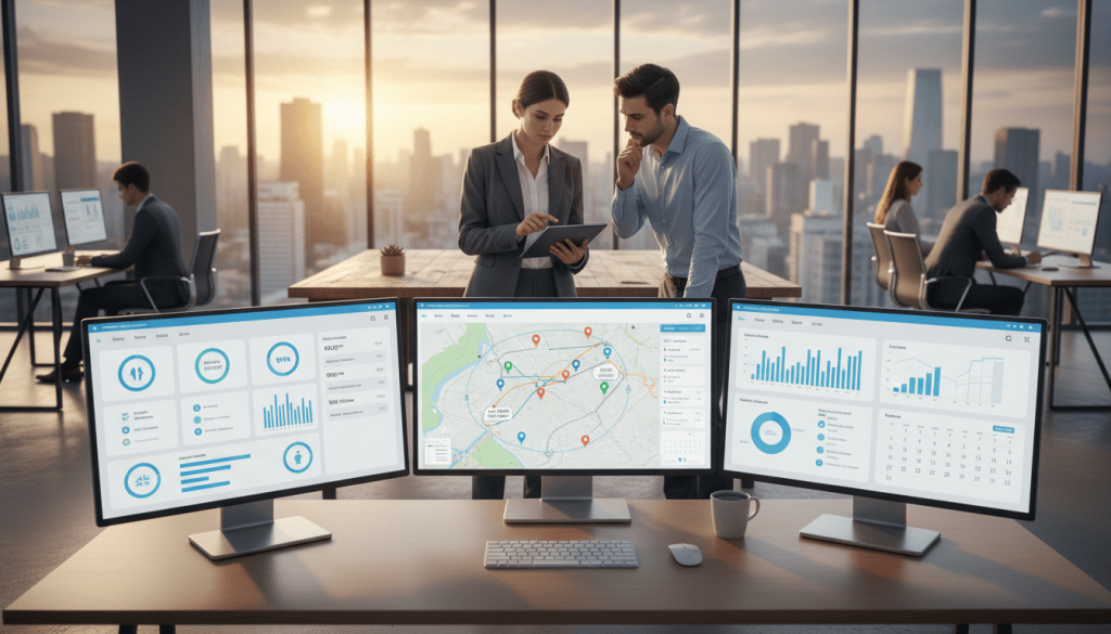 A modern office environment showcasing senior monitoring technology and GPS tracking devices. In the foreground, an elegant desk with multiple screens displaying real-time data analytics and GPS tracking maps, highlighting user-friendly interfaces. In the middle, a professional wearing business attire is engaged with a tablet, analyzing data insights while discussing with a colleague. The background features a large window with a view of a city skyline, bathing the scene in warm, natural light. Soft shadows add depth, and the atmosphere feels collaborative and innovative, emphasizing the importance of technology in monitoring daily activities efficiently. The composition focuses on the devices and their usage in a professional setting, without any text or clutter.