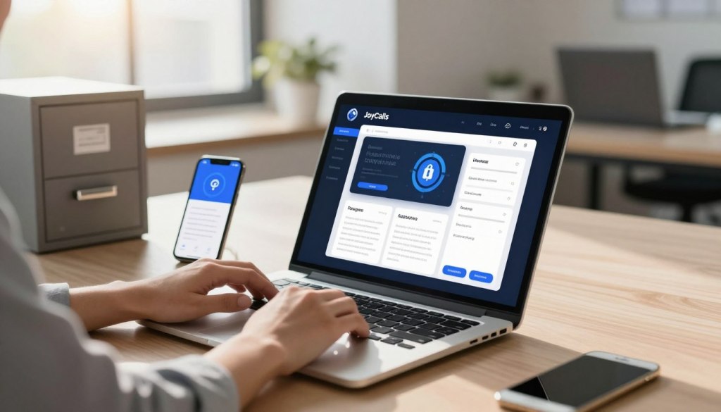 A modern office workspace focused on digital security, featuring a sleek laptop displaying a digital vault interface filled with secure digital assets like cryptocurrency icons and essential documents. In the foreground, hands in professional attire are typing on the laptop, symbolizing active management and protection of digital finances. The middle ground includes a secure file cabinet and a smartphone with a security app opened, showcasing protective measures. The background is softly lit with natural light streaming through a large window, casting a warm glow on the workspace. The mood is calm and focused, emphasizing a proactive approach to securing financial assets. The brand name "JoyCalls" is integrated within the image, subtly blended into the laptop's screen design. A modern office workspace focused on digital security, featuring a sleek laptop displaying a digital vault interface filled with secure digital assets like cryptocurrency icons and essential documents. In the foreground, hands in professional attire are typing on the laptop, symbolizing active management and protection of digital finances. The middle ground includes a secure file cabinet and a smartphone with a security app opened, showcasing protective measures. The background is softly lit with natural light streaming through a large window, casting a warm glow on the workspace. The mood is calm and focused, emphasizing a proactive approach to securing financial assets. The brand name "JoyCalls" is integrated within the image, subtly blended into the laptop's screen design.