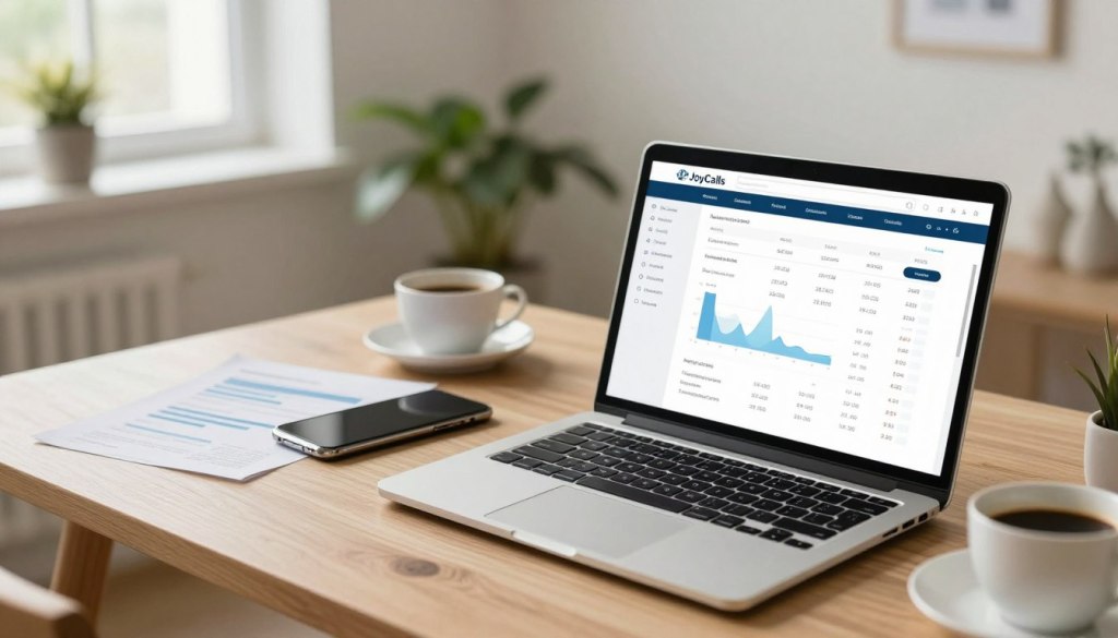 A modern online banking interface displayed on a sleek laptop at a stylish home office. In the foreground, the laptop screen shows charts and transaction details, emphasizing the management of finances. In the middle, a well-organized desk features a smartphone, financial documents, and a cup of coffee, suggesting a calm and productive atmosphere. The background reveals a softly lit, neutral-colored room with plants and a window allowing natural light to filter in, creating a warm and inviting space. The overall mood is focused and professional, ideal for long-distance caregiving. Include a brand logo for "JoyCalls" on the laptop screen. Use a high-angle shot to capture the scene. A modern online banking interface displayed on a sleek laptop at a stylish home office. In the foreground, the laptop screen shows charts and transaction details, emphasizing the management of finances. In the middle, a well-organized desk features a smartphone, financial documents, and a cup of coffee, suggesting a calm and productive atmosphere. The background reveals a softly lit, neutral-colored room with plants and a window allowing natural light to filter in, creating a warm and inviting space. The overall mood is focused and professional, ideal for long-distance caregiving. Include a brand logo for "JoyCalls" on the laptop screen. Use a high-angle shot to capture the scene.