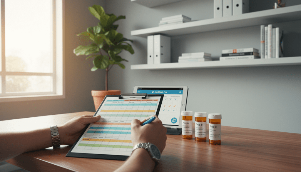 A modern, organized workspace featuring a neatly arranged medication management system. In the foreground, a hand with a professional-looking watch is filling out a colorful, user-friendly medication list on a sleek clipboard. In the middle ground, various prescription bottles labeled clearly and a digital tablet displaying a medication tracking app. The background showcases shelves with additional health materials and a large plant for a touch of greenery. Soft, natural light streams in from a nearby window, creating a warm and inviting atmosphere. The overall mood is efficiency and tranquility, reflecting time-saving techniques in medication management. Use a wide-angle lens to capture the harmonious arrangement, emphasizing clarity and organization.