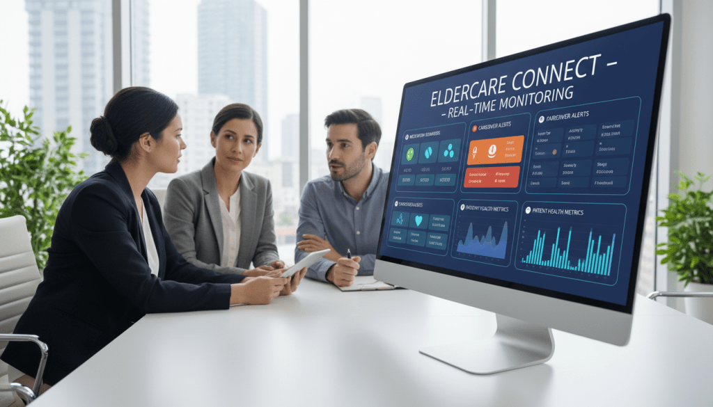 A modern real-time tracking dashboard for senior care services, prominently displayed on a sleek, high-resolution monitor in a well-lit, professional office environment. In the foreground, a clean and user-friendly interface showcases features such as medication reminders, caregiver alerts, and patient health metrics, utilizing vibrant colors for easy visibility. The middle ground includes a diverse team of healthcare professionals dressed in smart casual attire, engaged in discussions while analyzing the dashboard. The background features soft, natural light filtering through large windows, creating a calm and supportive atmosphere. A sense of reliable technology and compassion for senior care permeates the scene, conveying a mood of efficiency and support. The composition is captured from a slight angle, emphasizing the dashboard while maintaining clarity and focus on the team’s interaction. A modern real-time tracking dashboard for senior care services, prominently displayed on a sleek, high-resolution monitor in a well-lit, professional office environment. In the foreground, a clean and user-friendly interface showcases features such as medication reminders, caregiver alerts, and patient health metrics, utilizing vibrant colors for easy visibility. The middle ground includes a diverse team of healthcare professionals dressed in smart casual attire, engaged in discussions while analyzing the dashboard. The background features soft, natural light filtering through large windows, creating a calm and supportive atmosphere. A sense of reliable technology and compassion for senior care permeates the scene, conveying a mood of efficiency and support. The composition is captured from a slight angle, emphasizing the dashboard while maintaining clarity and focus on the team’s interaction.