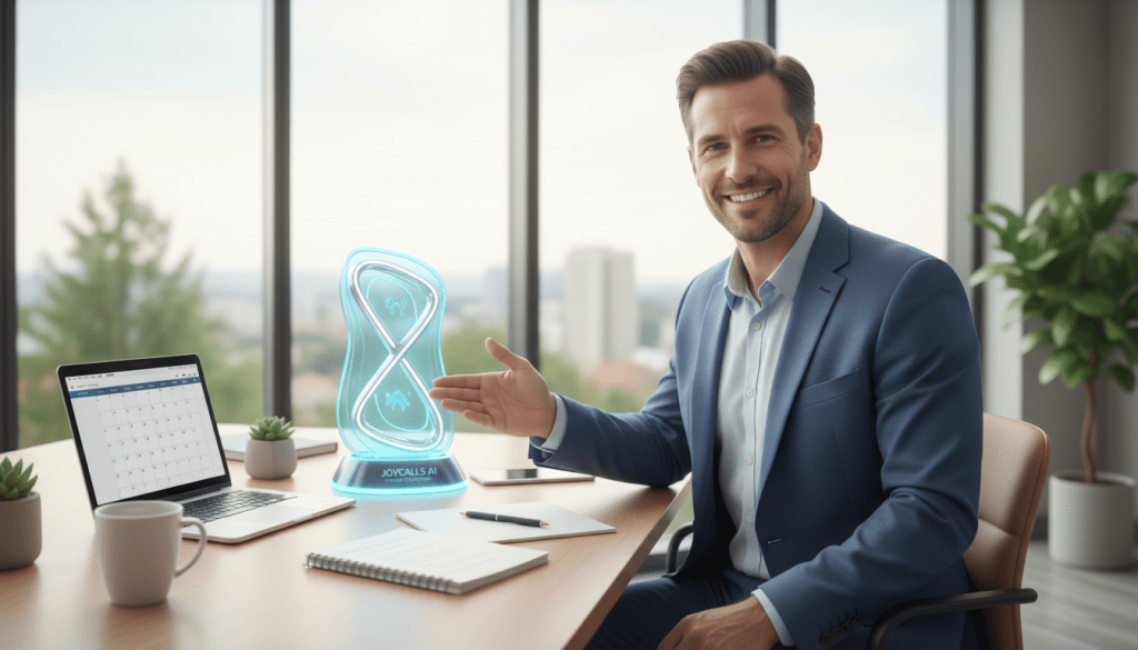 A modern, welcoming office setting featuring a sleek, futuristic device representing "JoyCalls AI phone companion service." In the foreground, a professional-looking individual in smart business attire interacts with the device, showing a friendly smile that conveys ease and comfort. The middle ground includes a stylish desk with a laptop, notepad, and a cup of coffee, symbolizing productivity and daily check-ins. The background features large windows with soft, natural light streaming in, creating a warm and inviting atmosphere. The overall mood is positive and efficient, suggesting a seamless integration of technology into daily life. The scene is well-lit, emphasizing clarity and focus, with a slightly angled perspective that draws the viewer's eye towards the AI device.