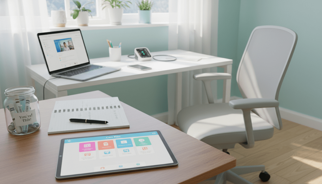 A modern, well-lit home office setup featuring various digital tools for home care support. In the foreground, a sleek tablet displays a caregiving app with colorful icons for daily check-ins, accompanied by a stylish laptop and a notebook with a pen. The middle ground includes a comfortable chair and a small desk adorned with a smartphone, health monitoring gadgets, and a jar of motivational quotes. In the background, a bright window allows natural light to pour in, enhancing the inviting atmosphere with soft, pastel colors. The scene evokes a sense of organization and efficiency, reflecting a proactive caregiving routine. The image should capture a professional yet welcoming environment, designed for ease of use and quick setup.