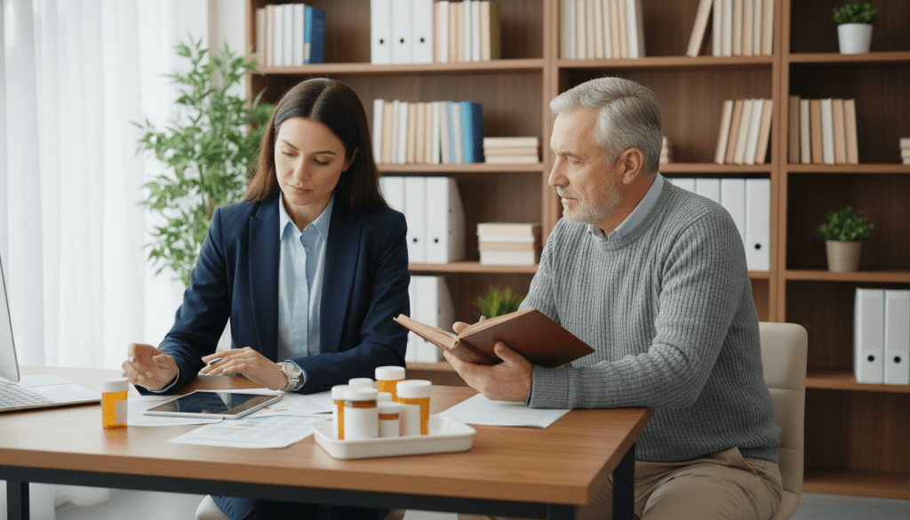 A modern, well-lit medical office setting showcasing a medication reconciliation process. In the foreground, a healthcare professional in smart business attire is reviewing a medication list on a tablet, appearing focused and detail-oriented. Beside the professional, a neatly organized table displays various prescription bottles and medication charts, illustrating the complexity of the process. In the middle ground, a patient, dressed in modest casual clothing, is engaged in a discussion, looking reassured and attentive. The background features shelves filled with medical books and charts, emphasizing the educational aspect of medication management. Soft, natural lighting creates a welcoming and professional atmosphere, captured with a slightly elevated angle to encompass both interaction and context. The image aims to convey clarity and effectiveness in the medication reconciliation process.