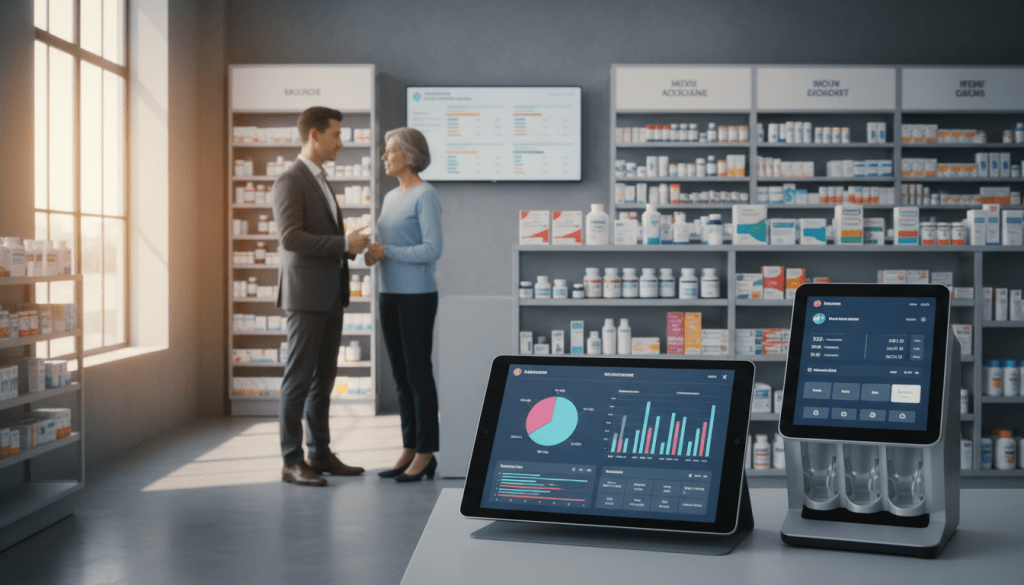 A modern, well-organized pharmacy scene featuring an array of technology medication management tools. In the foreground, a sleek tablet displays a medication adherence app with colorful graphs and reminders. Beside it, a high-tech pill organizer with digital interfaces showcases scheduled doses. In the middle, a pharmacist, dressed in professional attire, is discussing medication plans with a patient, who appears engaged and attentive. The background features shelves stocked with various medications, illuminated by soft, natural lighting that creates a warm and inviting atmosphere. The overall mood is one of innovation and care, emphasizing the integration of technology in enhancing medication adherence, captured with a clean, focused angle that enhances clarity and detail.