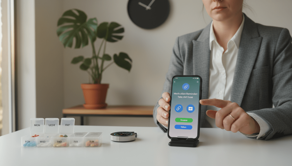 A modern workspace featuring a sleek, minimalist desk with a smartphone displaying a medication reminder app prominently in the foreground. Beside the phone, there are organized pill boxes labeled for each day along with a stylish smart watch. In the middle ground, a professional individual in business casual attire is engaging with the app, appearing focused and determined. The background features a softly lit room with houseplants and a wall clock, creating a calm, organized atmosphere conducive to productivity. The lighting is warm and inviting, highlighting the importance of health management. Capture this scene from a slightly elevated angle to emphasize the technology and the user's interaction, conjuring a sense of efficiency and modernity. A modern workspace featuring a sleek, minimalist desk with a smartphone displaying a medication reminder app prominently in the foreground. Beside the phone, there are organized pill boxes labeled for each day along with a stylish smart watch. In the middle ground, a professional individual in business casual attire is engaging with the app, appearing focused and determined. The background features a softly lit room with houseplants and a wall clock, creating a calm, organized atmosphere conducive to productivity. The lighting is warm and inviting, highlighting the importance of health management. Capture this scene from a slightly elevated angle to emphasize the technology and the user's interaction, conjuring a sense of efficiency and modernity.