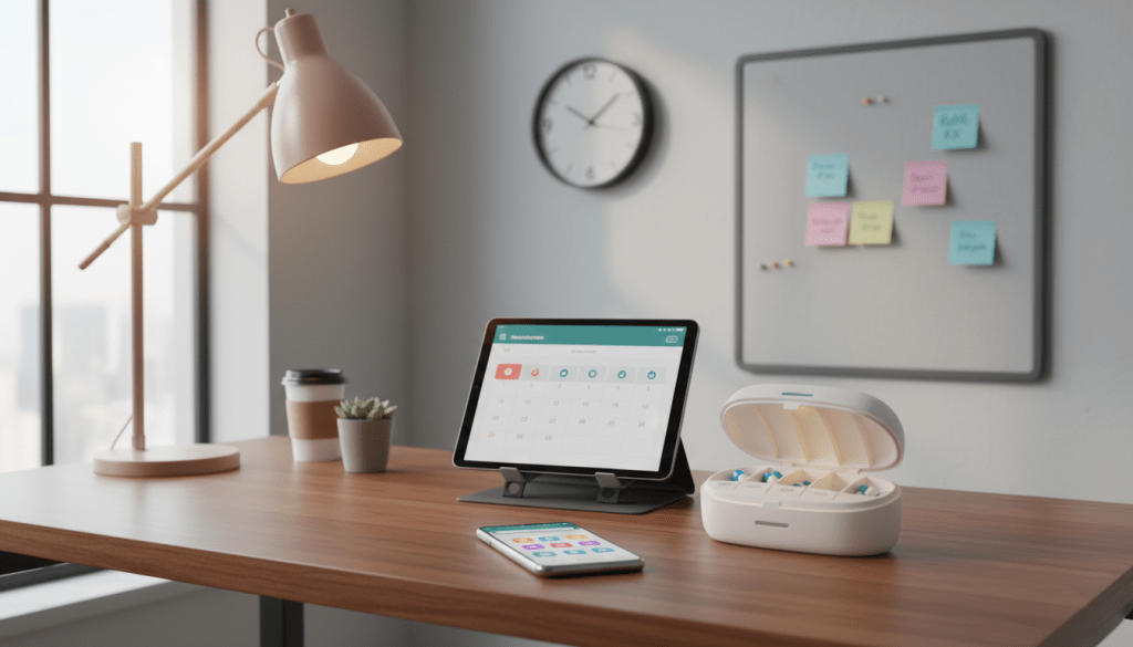 A modern workspace featuring a variety of technology tools for medication reminders, arranged neatly on a wooden desk. In the foreground, a smartphone displays a colorful medication reminder app interface with clear icons and notifications. Next to it, a smart pill dispenser with labeled compartments for each day of the week, illuminated softly by a desk lamp. In the middle ground, a sleek tablet shows a calendar app with scheduled medication times highlighted. The background features a wall-mounted bulletin board with organized sticky notes and a clock. The atmosphere is bright and professional, with natural light streaming in from a nearby window, creating a warm and inviting feel. The image should be clear and informative, ideal for illustrating the section on selecting the right tools for medication reminders.
