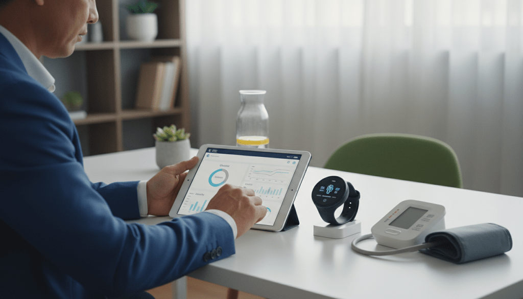 A modern workspace featuring an array of digital health tools for chronic condition management, such as a sleek tablet, a wearable fitness tracker, and a digital blood pressure monitor, prominently displayed on a clean, organized desk. In the foreground, a middle-aged professional in business attire is attentively using a tablet, reviewing health data. The middle ground showcases a serene environment with a potted plant and a water bottle, emphasizing wellness. The background features a soft, blurred office setting with natural light filtering through a window, creating a calm and supportive atmosphere. The image should radiate a sense of focus and empowerment, highlighting the role of technology in health management without any text or distractions.