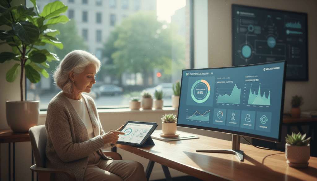 A modern workspace showcasing key features of senior monitoring systems. In the foreground, a sleek desktop with a large monitor displaying a user-friendly dashboard filled with colorful graphs and icons representing daily check-ins, alerts, and health metrics. To the left, a professional looking elderly person in modest casual attire attentively interacting with a tablet device. In the middle ground, a well-organized office environment with potted plants and a large window allowing soft, natural light to flood the scene, enhancing comfort. The background features subtle hints of technology, like a wall-mounted display of data analytics. The overall atmosphere is calm, supportive, and conducive to healthcare, emphasizing reliability and ease of use, with a soft focus to create a warm, inviting mood.