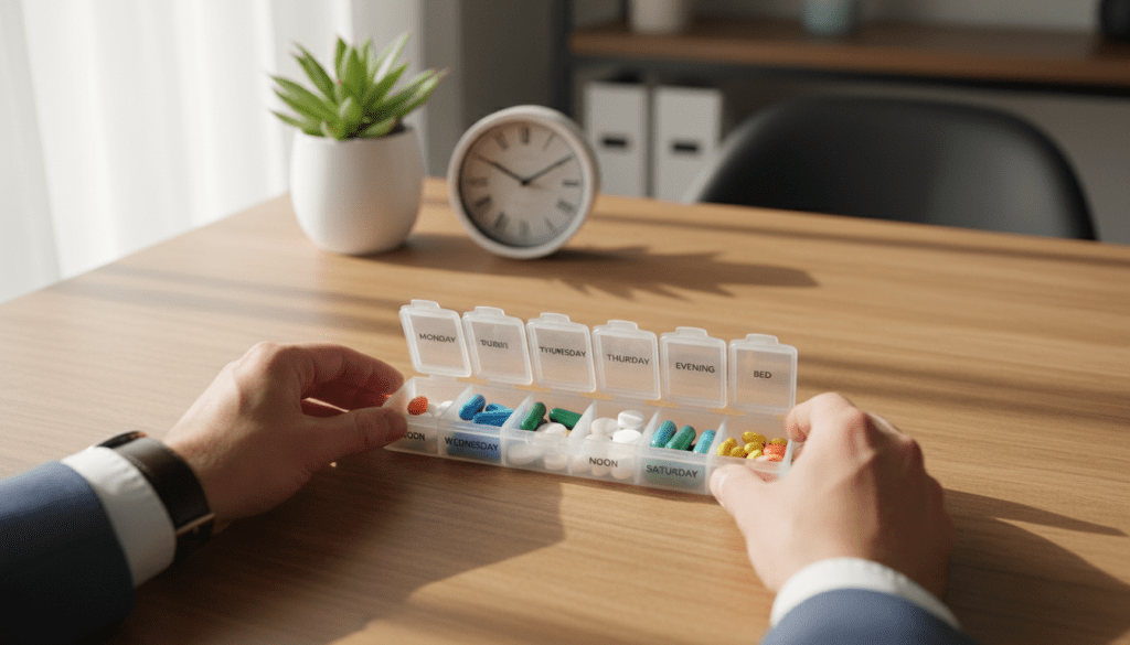 A neatly organized weekly medication planner sits prominently on a wooden table, showcasing individual compartments filled with colorful pills of various shapes and sizes. In the foreground, a pair of hands, clad in professional attire, is thoughtfully arranging the planner, emphasizing the practicality of the setup. Soft, natural light filters in from a nearby window, creating a warm and inviting atmosphere. In the middle background, a fresh plant adds a touch of life, while a clock subtly indicates time, reinforcing the importance of daily medication routines. The overall mood is calm and focused, capturing the essence of organization and care, perfect for introducing the concept of a weekly pill planner.