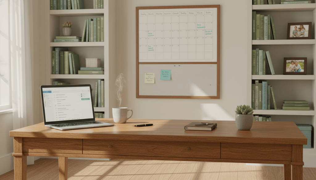 A peaceful home office setting focused on daily check-in strategies for caregivers. In the foreground, a well-organized wooden desk with a laptop open, displaying a checklist of caregiver tasks. A steaming cup of herbal tea and a small potted plant are placed next to the laptop, adding a touch of warmth. In the middle ground, a calendar hangs on the wall, marked with daily reminders and goals, symbolizing structure and routine. Soft, natural lighting streams through a window, casting gentle shadows, creating a calm and inviting atmosphere. The background features shelves filled with books and resources about caregiving, reinforcing the theme of support and guidance. The overall mood is serene, balanced, and reflective, emphasizing the importance of effective check-in strategies.