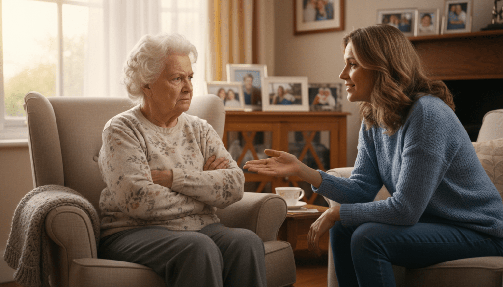 A poignant scene capturing the emotional dynamics of seniors resisting help. In the foreground, an elderly parent, dressed in modest casual clothing, sits in a cozy living room, arms crossed and a furrowed brow, expressing hesitation. The middle ground features a concerned adult child, also in casual attire, leaning slightly forward with a compassionate expression, gently reaching out. The background portrays a warm, inviting space with soft lighting from a window, showcasing family photos that hint at past memories. The mood is one of understanding and empathy, highlighting the complexities of communication and care within familial relationships. The atmosphere is intimate and reflective, creating a sense of connection and tension in the moment.