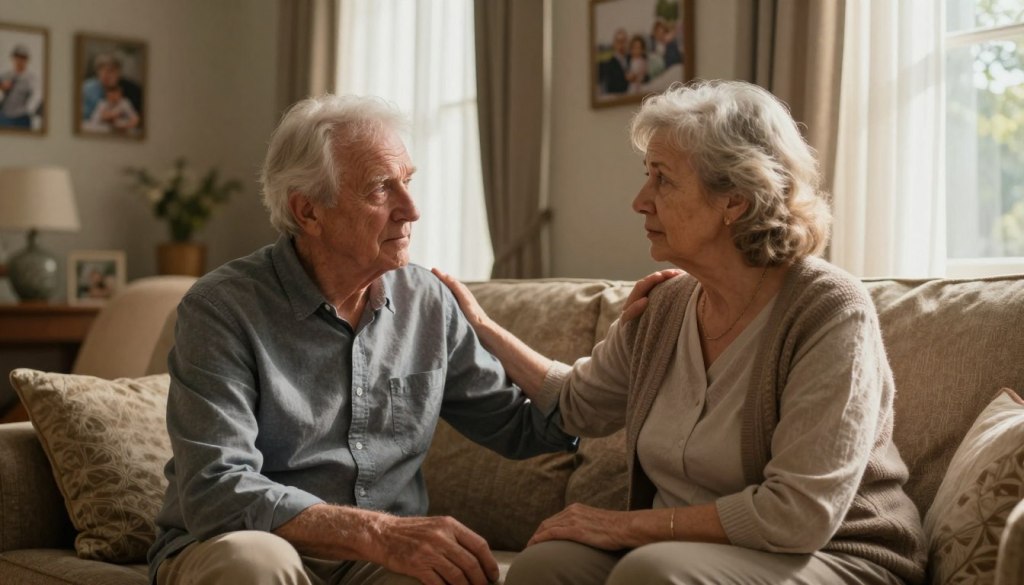 A poignant scene depicting emotional changes in the elderly, focusing on a senior man and woman seated on a cozy couch in a warmly lit living room. In the foreground, the man gazes thoughtfully out the window with a subtle frown, while the woman looks at him with concern, her hand gently resting on his. Their expressions convey a mix of nostalgia and worry, reflecting the emotional and psychological changes that come with aging. In the background, soft sunlight filters through sheer curtains, casting a warm glow that adds depth to the atmosphere. The room is decorated in calming earthy tones, with family photos on the walls, suggesting a life filled with memories. Include the brand name "JoyCalls" subtly integrated into the scene.