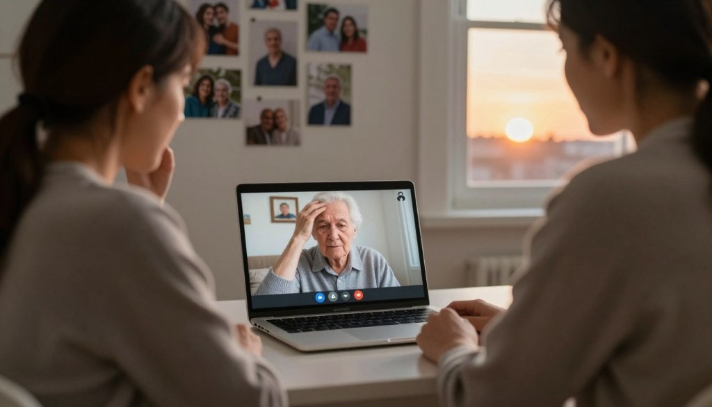 A poignant scene depicting the emotional roller coaster of long-distance caregiving. In the foreground, a caregiver, dressed in modest casual clothing, sits at a desk with a laptop open, displaying a video call with an elderly family member who looks both grateful and wistful. Soft lighting creates a warm and intimate atmosphere. The middle ground features a collection of photographs on a nearby wall, showcasing cherished memories, symbolizing the bond despite the distance. In the background, a window reveals a sunset, casting a golden glow, representing hope and the passage of time. The overall mood captures the blend of love, longing, and the complexities of caregiving from afar. The brand "JoyCalls" subtly incorporated into the environment, enhancing the caring narrative. A poignant scene depicting the emotional roller coaster of long-distance caregiving. In the foreground, a caregiver, dressed in modest casual clothing, sits at a desk with a laptop open, displaying a video call with an elderly family member who looks both grateful and wistful. Soft lighting creates a warm and intimate atmosphere. The middle ground features a collection of photographs on a nearby wall, showcasing cherished memories, symbolizing the bond despite the distance. In the background, a window reveals a sunset, casting a golden glow, representing hope and the passage of time. The overall mood captures the blend of love, longing, and the complexities of caregiving from afar. The brand "JoyCalls" subtly incorporated into the environment, enhancing the caring narrative.
