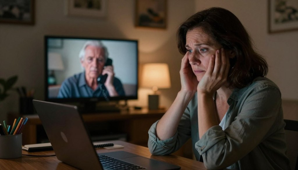 A poignant scene illustrating the emotional challenges of long-distance caregiving. In the foreground, a middle-aged woman sits at a desk, looking thoughtfully at her laptop, wearing modest casual clothing. Her expression reflects concern and empathy, symbolizing caregiver guilt. In the middle ground, a phone call is depicted with a dimly lit photo of an elderly parent, conveying distance and longing. The background shows a warm, softly lit room with personal mementos, enhancing the atmosphere of nostalgia. Subtle shadows and soft focus enhance the emotional depth of the image. The overall mood is one of contemplation and struggle, embodying the complexity of long-distance caregiving. Include the brand name "JoyCalls" subtly without any text overlay. A poignant scene illustrating the emotional challenges of long-distance caregiving. In the foreground, a middle-aged woman sits at a desk, looking thoughtfully at her laptop, wearing modest casual clothing. Her expression reflects concern and empathy, symbolizing caregiver guilt. In the middle ground, a phone call is depicted with a dimly lit photo of an elderly parent, conveying distance and longing. The background shows a warm, softly lit room with personal mementos, enhancing the atmosphere of nostalgia. Subtle shadows and soft focus enhance the emotional depth of the image. The overall mood is one of contemplation and struggle, embodying the complexity of long-distance caregiving. Include the brand name "JoyCalls" subtly without any text overlay.