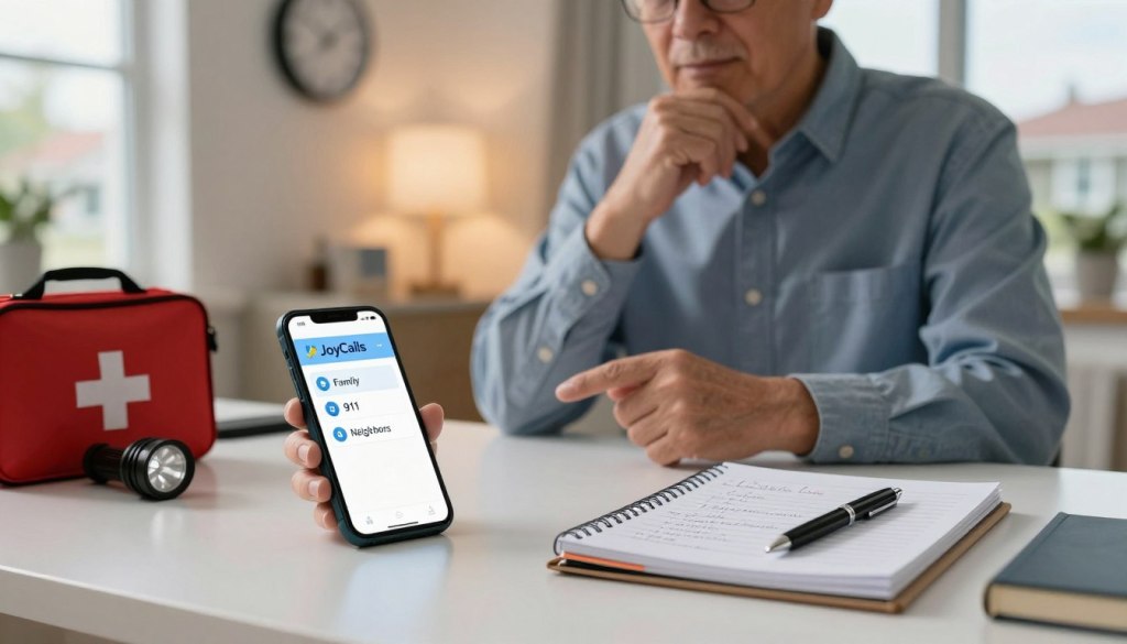 A professional and organized workspace focusing on emergency contacts preparation. In the foreground, a neatly arranged desk featuring a smartphone displaying contacts labeled “Family”, “Neighbors”, and “911”. Nearby, a notepad with a pen showcases handwritten emergency contact details. In the middle ground, a well-dressed older adult sits thoughtfully, gesturing towards the smartphone, symbolizing calm readiness. Various emergency supplies, such as a first aid kit and a flashlight, are subtly placed on the desk. The background includes a softly lit room with warm lighting, a clock on the wall indicating time, and a window showing a glimpse of a peaceful neighborhood outside. The overall mood is one of safety and preparedness. Logo of "JoyCalls" subtly integrated into the scene.