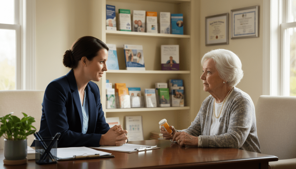 A professional caregiver in a cozy, well-lit office setting, engaged in a compassionate conversation with an elderly parent. The caregiver, dressed in business attire, is seated at a desk, leaning in slightly to convey attentiveness and empathy. The elderly parent, wearing modest casual clothing, looks both receptive and slightly hesitant, holding a bottle of medication. In the background, shelves filled with health resources and pamphlets are visible, creating an atmosphere of support and professionalism. Soft, warm lighting enhances the inviting feel of the room, while natural light filters through a window, symbolizing hope and assistance. The overall mood is one of understanding, patience, and encouragement. A professional caregiver in a cozy, well-lit office setting, engaged in a compassionate conversation with an elderly parent. The caregiver, dressed in business attire, is seated at a desk, leaning in slightly to convey attentiveness and empathy. The elderly parent, wearing modest casual clothing, looks both receptive and slightly hesitant, holding a bottle of medication. In the background, shelves filled with health resources and pamphlets are visible, creating an atmosphere of support and professionalism. Soft, warm lighting enhances the inviting feel of the room, while natural light filters through a window, symbolizing hope and assistance. The overall mood is one of understanding, patience, and encouragement.