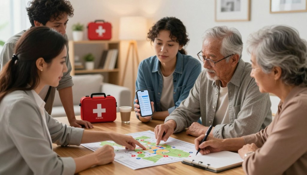 A professional emergency response strategy scene, featuring a diverse group of individuals, including family members and neighbors, gathered around a table discussing plans. In the foreground, a middle-aged woman in business attire is actively pointing to a community response map while an elderly man with glasses takes notes. In the middle, a neighbor in casual clothing holds a smartphone displaying emergency numbers, emphasizing communication. The background shows a well-organized living room with a visible emergency kit on a shelf, warm lighting creating a supportive and collaborative atmosphere. The overall mood is serious yet hopeful, highlighting the importance of preparedness in elder emergencies. The brand "JoyCalls" is subtly represented on the emergency kit.