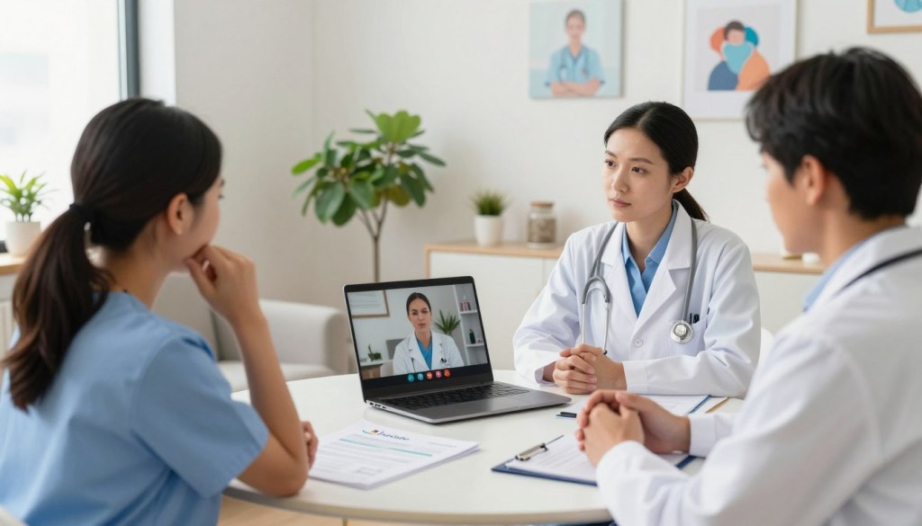 A professional healthcare meeting scene, featuring diverse healthcare professionals engaged in a discussion. Foreground: A nurse in neat scrubs and a doctor in a white coat actively listening to a concerned parent, displaying empathy and understanding. Middle: A round table with medical reports and a laptop open, showing a video call with a mental health professional, symbolizing collaboration and support. Background: A bright, inviting consultation room with inspiring healthcare-related artwork on the walls and a potted plant, enhancing the atmosphere of hope and professionalism. Soft, natural lighting is illuminating the scene, creating a warm and welcoming mood. Shot taken from a slightly elevated angle to capture both the faces of the professionals and the environment around them. Brand name "JoyCalls" subtly integrated into the room décor. A professional healthcare meeting scene, featuring diverse healthcare professionals engaged in a discussion. Foreground: A nurse in neat scrubs and a doctor in a white coat actively listening to a concerned parent, displaying empathy and understanding. Middle: A round table with medical reports and a laptop open, showing a video call with a mental health professional, symbolizing collaboration and support. Background: A bright, inviting consultation room with inspiring healthcare-related artwork on the walls and a potted plant, enhancing the atmosphere of hope and professionalism. Soft, natural lighting is illuminating the scene, creating a warm and welcoming mood. Shot taken from a slightly elevated angle to capture both the faces of the professionals and the environment around them. Brand name "JoyCalls" subtly integrated into the room décor.