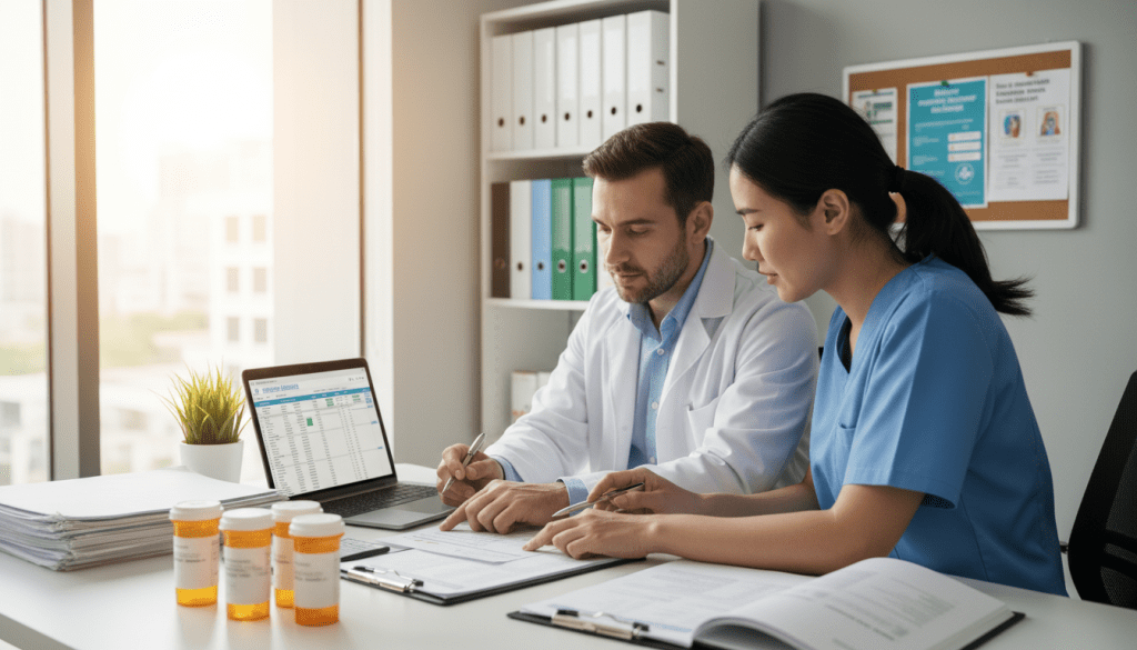 A professional pharmacist and a hospital discharge nurse are engaged in a collaborative discussion in a modern healthcare setting, focusing on a comprehensive medication reconciliation process. In the foreground, a well-organized desk displays an array of prescription bottles, medication lists, and patient charts, symbolizing attention to detail. The middle ground features the pharmacist, wearing a white lab coat, and the nurse, dressed in scrubs, actively reviewing the medication list, with a laptop open beside them displaying digital records. Bright, natural lighting floods the room from a nearby window, creating a warm and inviting atmosphere. The background shows shelves filled with medical reference books and a bulletin board with health tips, emphasizing the importance of clarity in post-hospital medication management. The overall mood is professional and focused, aiming to convey trust and the critical nature of medication reconciliation in patient care.