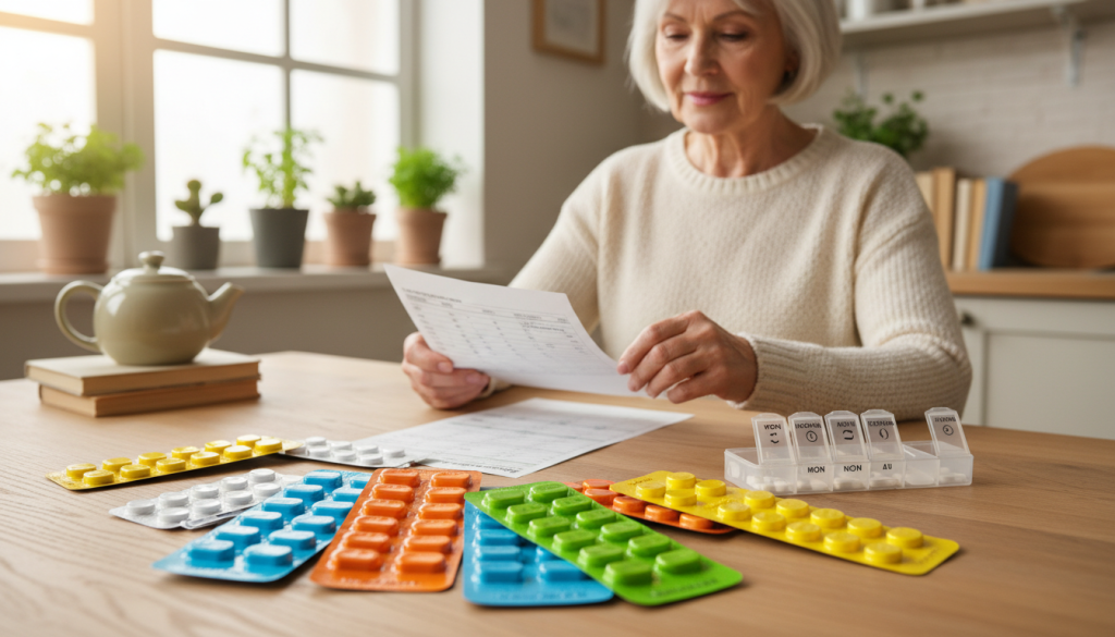 A senior adult carefully organizing various blister packs and bubble packs of medication on a clean, well-lit kitchen table. In the foreground, a close-up of vibrant, color-coded medication packs neatly arranged, showcasing their user-friendly designs. The middle ground features the senior, dressed in modest casual clothing, thoughtfully comparing medication schedules with a pill organizer. The background displays a warm, inviting kitchen with soft natural lighting filtering through a window, plants visible, creating a calm and reassuring atmosphere. The focus is on clarity and functionality, highlighting the convenience and organization these packaging options provide to older adults, emphasizing safety and ease of access. The mood is positive and supportive, reflecting the benefits of organized medication management for seniors.
