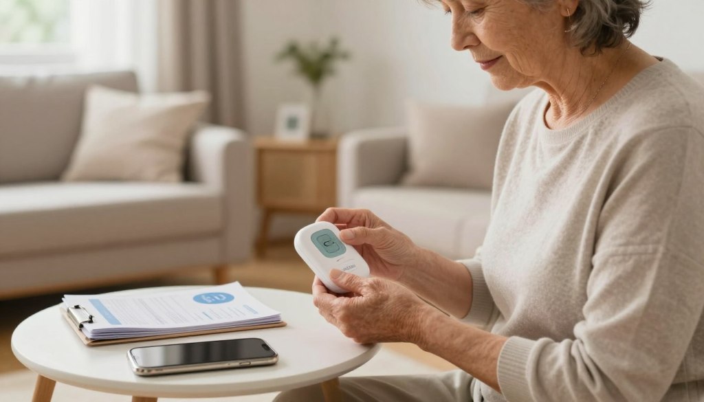A senior individual, a woman in her 70s, is in a cozy, well-lit living room setting, focused on setting up a medical alert system branded "JoyCalls." She is wearing modest casual clothing. The foreground features a close-up of her hands as she unpacks the alert device, showing clear details of the product’s sleek design. In the middle, a small table is visible with a user manual and smartphone, indicating the setup process. The background shows a warm, inviting room filled with soft natural light coming through a window, creating a safe and comforting atmosphere. The overall mood is calm and reassuring, emphasizing independence and safety for seniors.